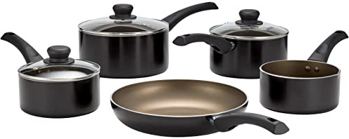 Judge Radiant Teflon Non-Stick Saucepan Set 16cm Milk Pan, 24cm Frying Pan and 16cm, 18cm & 20cm Pans, Glass Lids with Vent, Induction Ready, Oven Safe