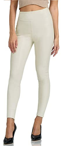Gloop Damleggings, konstläder, leggings, hög midja, leggings, byxor, tights, treggins, leggings, konstläder, leggings, läder, look, höfter, Cream-highwaist, S