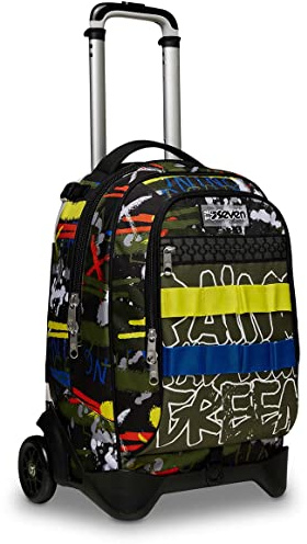 Seven Trolley Avtagbar skola Jack 2 hjul, Grön, FLUO BELTS, 3in1, trippelanvändning, ryggsäck med avtagbar vagn och vattenflaskficka, skolryggsäck, skolvagn, skola och fritid, barn och tonåringar,