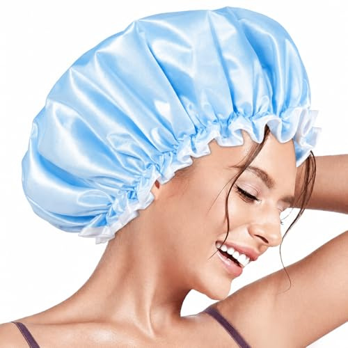 Aquior Shower Caps, Reusable Shower Cap for Women, Double Layer Waterproof Hair Cap, Large Size for All Hair Lengths, for Girls Spa Home Salon