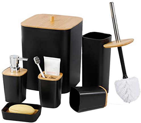 JETAINE Bathroom Accessories Set, Black Bathroom Bin and Toilet Brush set | 6pcs Luxury Bathroom Set, Bamboo Modern Toilet Accessory Gift w/ Trash Can, Toothbrush Holder Cup, Soap Dispenser