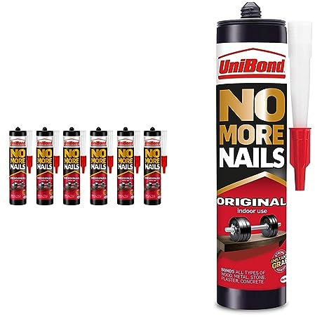 UniBond No More Nails Original, Heavy-Duty Mounting Adhesive, Strong Glue for Wood, Ceramic, Metal etc, White, (6 x 365g Cartridges), UniBond No More Nails Original