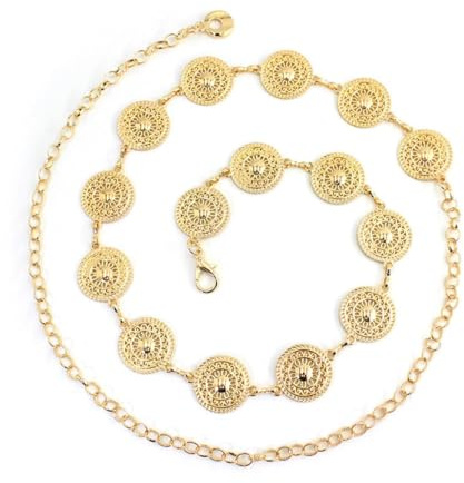 EMOTTOS Cinturón de Cadena para Mujer, Ajustable Western Cowboy Cowgirl, Exquisito Metal con Perlas para Jeans Vestido (B-GOLD)