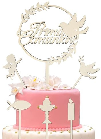 Goldenland First Holy Communion Topper 6pcs Children Wooden Cake Topper, Goblet Fish Angel Doves Candles, First Communion Cake Decoration, First Communion Decorations