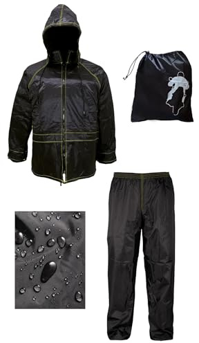 Rebeca Shop - Tenue de Moto Imperméable Anti-Pluie et Anti-Vent | Avec Sac | Noir | Ensemble Veste et Pantalon - Capuche Rétractable | Homme Femme | Scooter Vélo | Kit de Pluie, Noir , XXXL