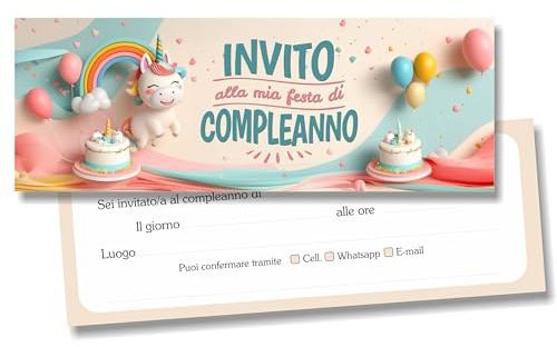 Biglietti Invito compleanno unicorno per bambini in italiano. Set 20 inviti per festa di compleanno bambina bambino. Sei invitato al compleanno e recapiti per conferma partecipazione alla festa