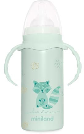 Miniland Thermobaby Dolce Menta 240ml. Thermos da 240ml in acciaio inox con tettarella, a doppio strato di acciaio, che mantiene la temperatura della bevanda fredda e calda per ore.