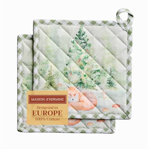 Maison d' Hermine Winter Mornings Set of 2 Pot Holders with Loop Heat Resistant for BBQ | Cooking | Baking | Grilling | Microwave | Barbecue | Thanksgiving/Christmas (20 cm x 20 cm)