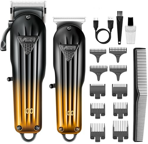 VGR Juego de cortadora de pelo y recortadora de barba inalámbrica para hombre, hoja en T, kit de máquina de corte de pelo eléctrica para corte en la cabeza o aseo, batería USB-C recargable