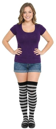 COSHAL® Chaussettes longues à rayures pour femme Chaussettes au-dessus du genou Chaussettes pour filles et femmes Chaussettes chauffe-jambes Chaussettes de fête de Noël, noir/gris, 4-6