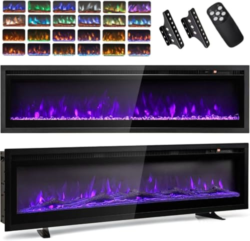 TANGZON 50 Electric Fireplace, Freestanding Wall Mounted Fireplace Heater Insert with 12 Flame Colors, 5 Flame Brightness, 8H Timer, Remote Control, 750W or 1500W, Crystal & Log Set (127cm/50)