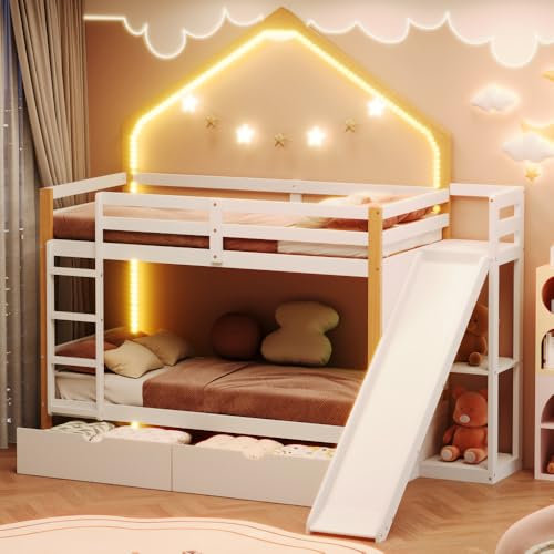 Litera, cama de madera, cama de casa, rayas de luz, dos cajones, cuatro peldaños rectos, cajón inferior de la cama con rieles de deslizamiento, cuna con techo y ventana, pino+MDF, blanco y natural, 90