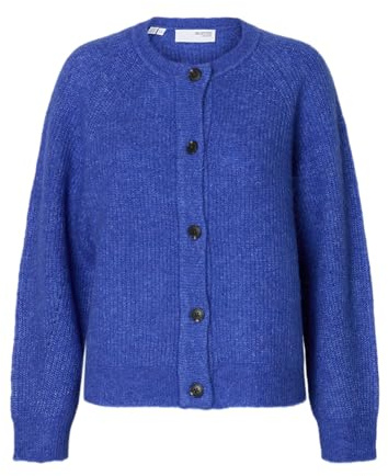 Selected Damen Strickjacke Relaxed Fit Rundhals Raglanärmel Fallmaschen, Farben:Blau-2, Größe:M