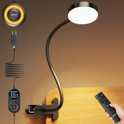 Glocusent Luz para Leer Libros en la Lama [3 Colores y 5 Brillos], LED Lampara Lectura con Pinza, USB Lampara Lectura Libro para Cama/Escritorio/Cabecero (Negro con adaptador y mando a distancia)