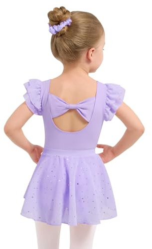 Naiyafly Girls Ballet Leotards with Removable Skirt Kids Dance Leotard Dress Toddler Short Sleeve Ballet Dance Dress Outfit Gymnastics Leotard with Chiffon Skirt