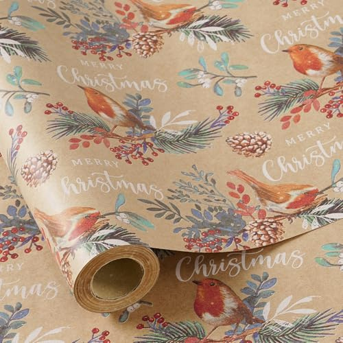 RUSPEPA Rouleau De Papier Cadeau De Noël Pour Femme Et Homme, Mini Rouleau, Motif Oiseau Vintage Sur Branche De Pin Avec Inscription « Joyeux Noël », 43,2 Cm X 5 M