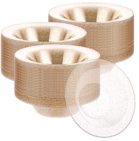 AKOLAFE Lot de 50 bols à soupe en plastique transparent avec paillettes dorées - 350 ml - Réutilisables - Pour fête, mariage, anniversaire, Noël, Pâques