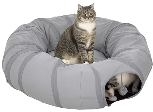 PawHut Cat Tunnel with Bed, Large Foldable 2 in 1 Cat Play Tunnel Donut Bed for Indoor with Ball & Peek Hole, Interactive Toys for Kitten, Puppy, Rabbits, Grey