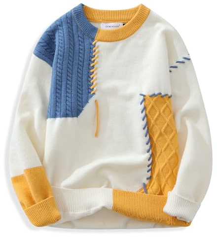 GURUNVANI Pull patchwork pour homme en tricot torsadé surdimensionné, jaune, Taille M