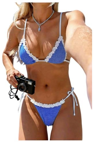 GORGLITTER Women's Plaid Frill Trim Cute Bikini Sets Halter Triangle String Tie Thong 2 Piece Beach Pool Swimsuits Blue Medium