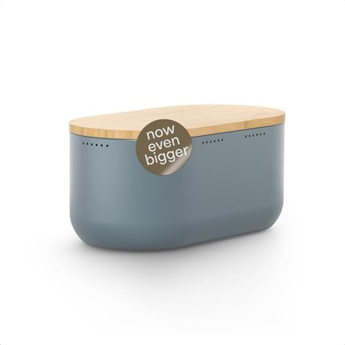 LARS NYSØM Brödlåda i metall I Brödkorg för långvarig friskhet med halkfria kuddar I Bambulock som skärbräda I 34,5x18,5x15,8cm (Coastal Blue)