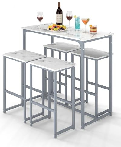 Amveya Tavolo Cucina Salvaspazio con Sedie, Tavolo Bar Alto con Sgabelli, Elegante semplicità in marmo bianco e cornice in argento, Ideale per ristoranti, bar, caffè, ecc.