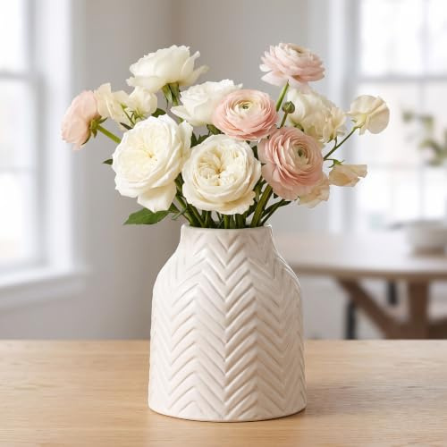 hjn White Vase for Flowers Ceramic Vase for Decor, Modern Decorative Vase, Vases for Your Kitchen/Office/Living Room/Bookshelf/Mantel - White Texture(Small)