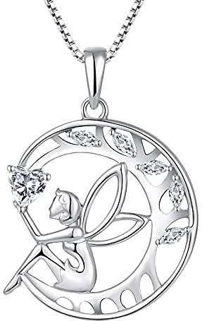 FJ Damhalsband skyddsängel halsband 925 sterlingsilver hänge livsträd månhalsband med födelsesten kubisk zirkonia smycken gåvor till dam flicka, Taille du pendentif: 21 * 20 mm, Ädelsten, Zirkon