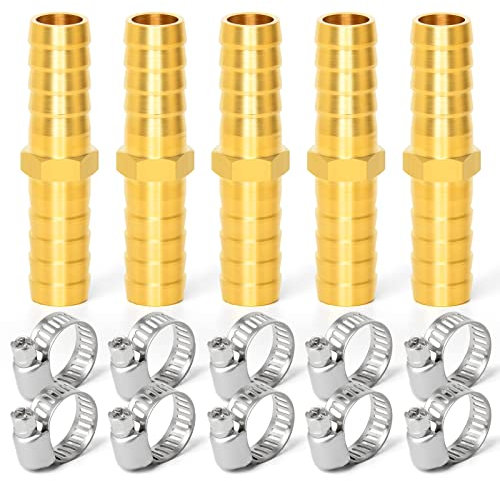 ERGAOBOY 5 Pcs 6mm Brass Hose Barb Connector, 2 Way Straight Hose Fitting with 10 Pcs Clamps