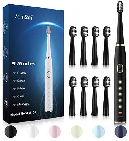 7AM2M Sonic Electric Toothbrush for Adults and Kids- High Power Rechargeable Toothbrushes with 8 Brush Heads,5 Adjustable Modes, Built-in 2-Minute Smart Timer,4 Hours Fast Charge for 30 Days(Black)