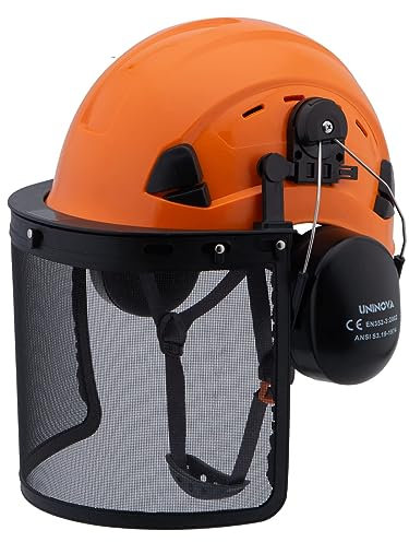 UNINOVA Gartenbauliche Forsthelm Schutzhelm mit Gesichtsvisier und Ohenschützern für Baumdienstleistung Baumschinitt Baumsägen Gartenschnitt(H92 Orange+Gesichtsvisier+Ohrenschützern)