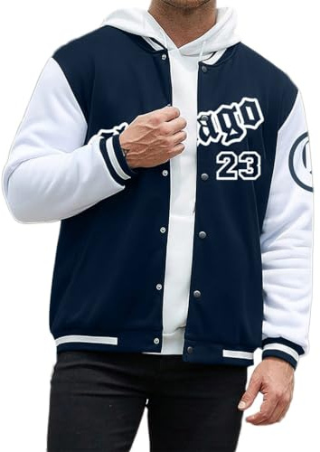 Oanviso Homme Veste De Baseball Oversized Vintage Manteau Imprimé College Jacket Veste avec Chapeau Casual Blouson Bomber Veste De Survêtement Streetwear Pour Hiver A Marine XL