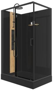 Vente-unique-Cabina de ducha de hidromasaje rectangular con bambú - Instalación reversible - Negro mate - Ancho 120 x 80 x Alt. 225 cm - VITUNA