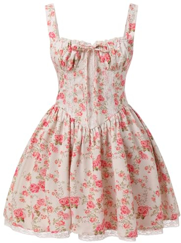 Odizli Women Summer Sexy Spaghetti Strap Boho Floral Ruffle Corset Mini Dresses