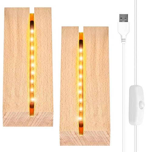 JOKILY Lot de 2 Socles LED en Bois - Base d'Affichage LED - Lampe de Bureau Rectangulaire Éclairée - Interrupteur USB pour Plaque Acrylique Épaisse - Verre en Cristal