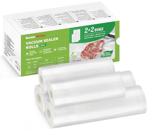 Bonsenkitchen Vacuum Food Sealer Rolls Bags 2 Rolls 20 x 500 cm + 2 Rolls 28 x 500 cm, BPA Free, Textured Food Vacuum Sealer Bag, Thick Embossed Bags for Food Storage and Sous Vide Cooking, VB42