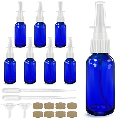 GIVAMEIHF Nässprayflaska 8 st 30 ml (1 uns), tom nässprayflaska, glas nässprayflaskor med tratt, dropper, etikett, koboltblå glaspress sprayhuvud påfyllningsbar bärbar fin dimma reseflaska