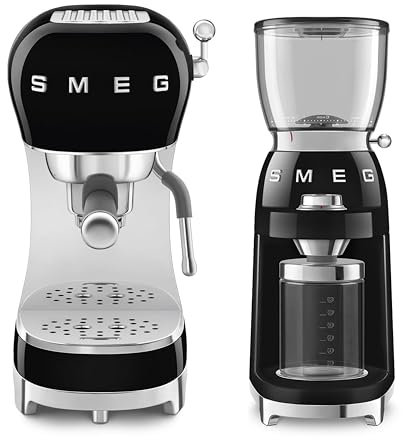 Smeg Retro Coffee Range Set, Espresso Machine with Steam Wand, Electric Coffee Grinder, Black