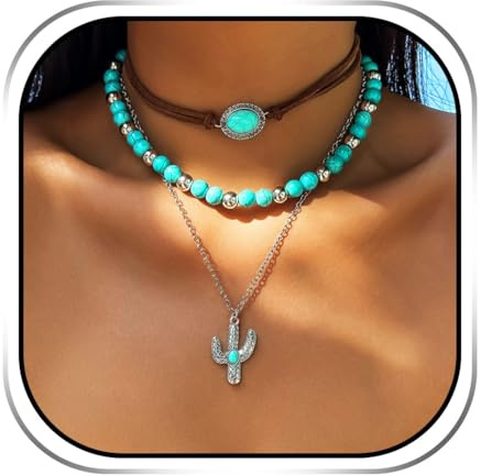 Handcess Boho Turquoise Choker Necklace Silver Cactus Pendant Necklaces Beaded Layered Necklace for Women