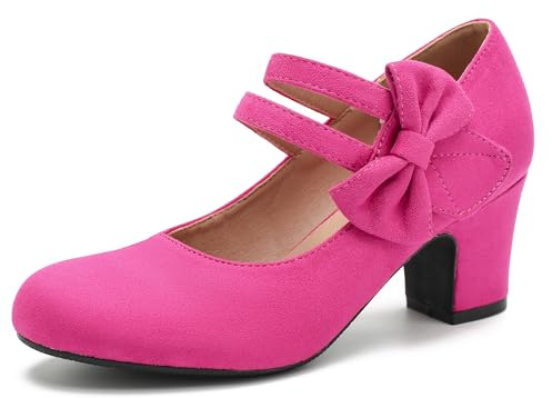 Enelauge Women's Mary Jane Heels Bow Retro Closed Round Toe Pumps Sweet Ankle Strap Block Heels Bowtie Vintage Dress Wedding Shoes Hot Pink Suede 43-10US