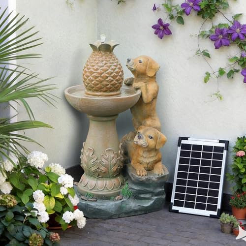Bumilgar 70cm Outdoor Solar Garden Water Feature, Cute Puppy Waterfall Fountain with Lights for Garden, Patio, Backyard, Deck, Porch and Home Art Decor, Orange