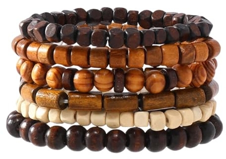 Srumvoat 6 PCS Mens Bracelets, Wooden Bead Bracelet, Men's Multi-Layer Bead Wrist, Beaded Bracelets with Adjustable Elastic Cord, Mens Wrist Cuff Wrap Bangle Set for Women Men, Holiday Gifts