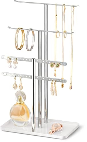 pickpiff Silver Jewelry Stand Holder Organizer: 14.5 Sturdy Hanger for 80 Pcs Jewelry, Jewlery Tower for Display Necklace, Earring, Bracelet, Watch