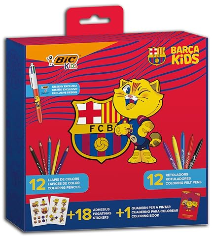 BIC FC BARCELONA målarset för barn med 4 färger exklusiv: katt, 12 BIC Tropicolors färgpennor, 12 Kid Couleur-markörer, målarbok och 18 FC Barcelona-klistermärken