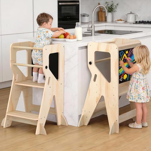 Toddler Standing Tower Adjustable Height Super Stable Learning Standing Tower with Blackboard, Wooden Kitchen Stool Helper for Kids, 1-3 Year Old Boy Girl Gifts