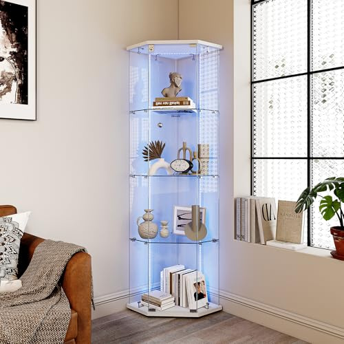 Vitrina de esquina de cristal con iluminación, vitrina de pie, vitrina de coleccionista, vitrina de cristal con 1 puerta, 4 pisos, armario pentagonal para libros, salón (blanco-A, 1 puerta de 4 capas