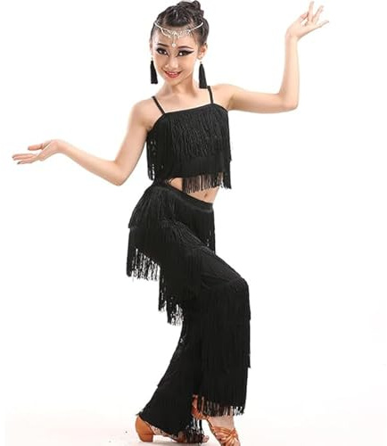 Falda con Flecos De Baile Latino For Niñas, Top Corto + Pantalones, 2 Piezas, Ropa De Baile De Competición, Vestido De Baile De Salsa Tango con Borlas, Disfraz De Actuación