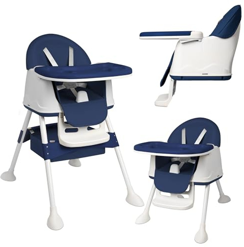 Yunvin Baby High Chair 3-in-1 Highchair Booster Seat Toddler Chair & Table with Removable Double Tray, 5-Point Harness and Storage Basket Convertible for Babies & Toddlers Feeding, Blue