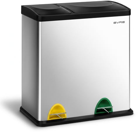 EVRE Recycling Bin, Rectangular 2 Compartment Section 36L Waste Seperation Sortation System with Non Slip Base, Odour Seal, Removable Inner Compartments and Colour Coded (Silver)