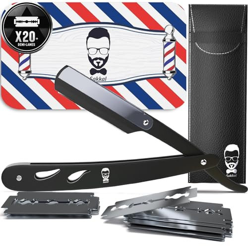 Rasiermesser Barber set 20 Halbe Klingen Etui Leder Reise SAKKAL |Rasierer Friseur Herren Handbart Barber Professional Kit Classic Handpflege Precision Friseurmechanik bartschablonen (Schwarz)
